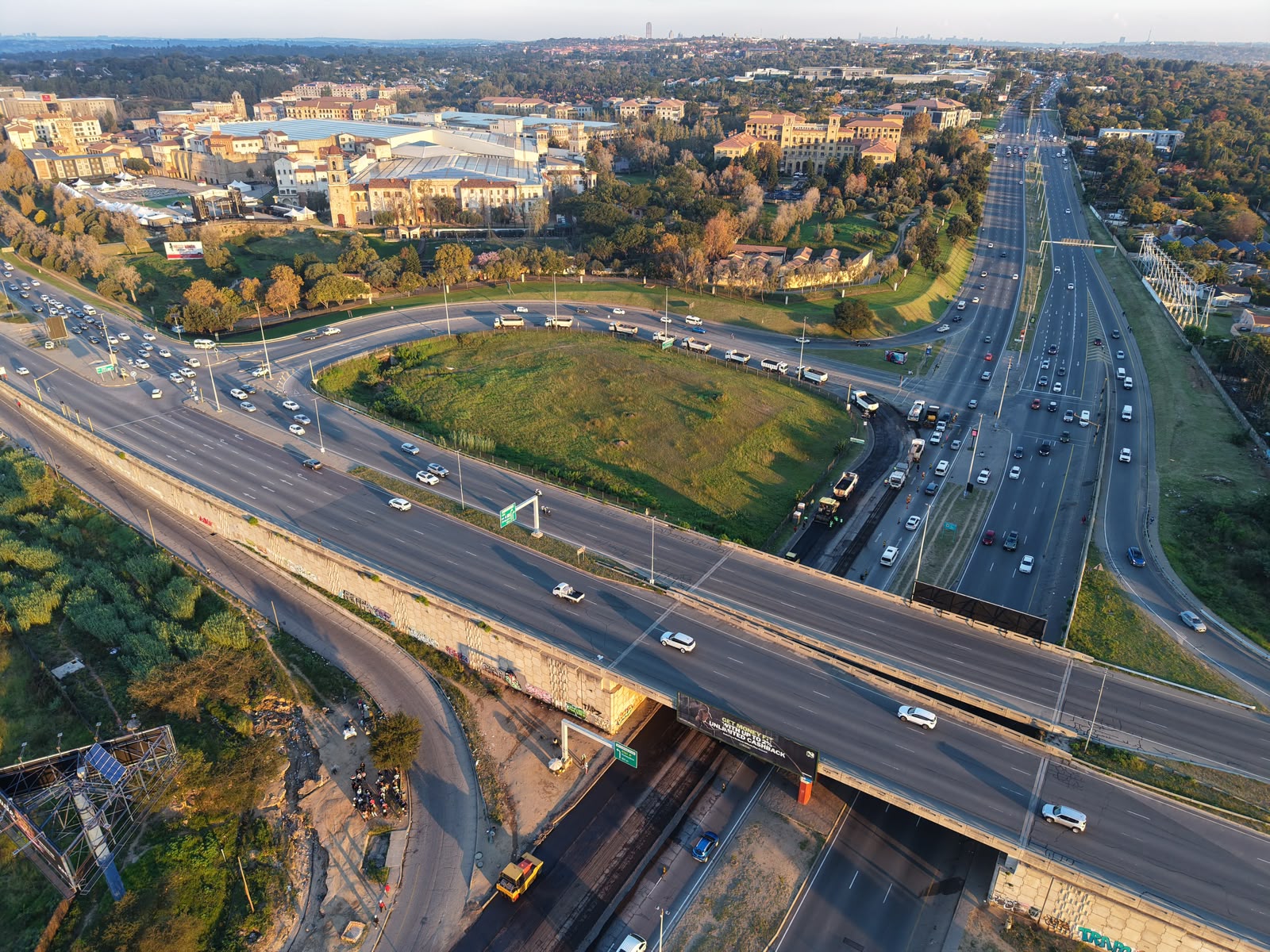 Completed highway infrastructure with multiple lanes